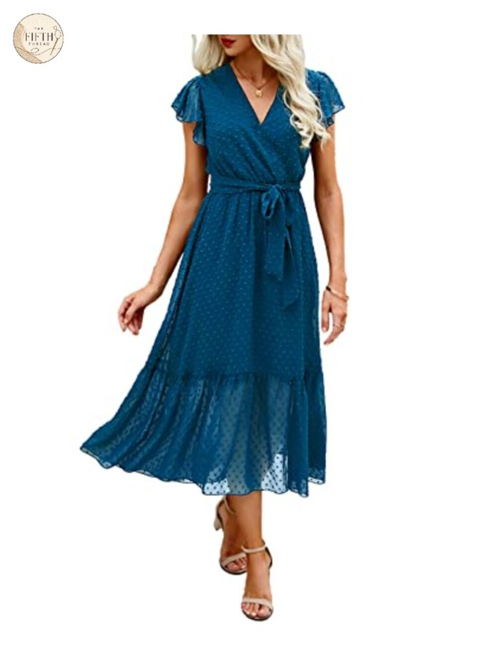 Women Summer Wrap V Neck Ruffle Cap Sleeve Belted Midi Dress